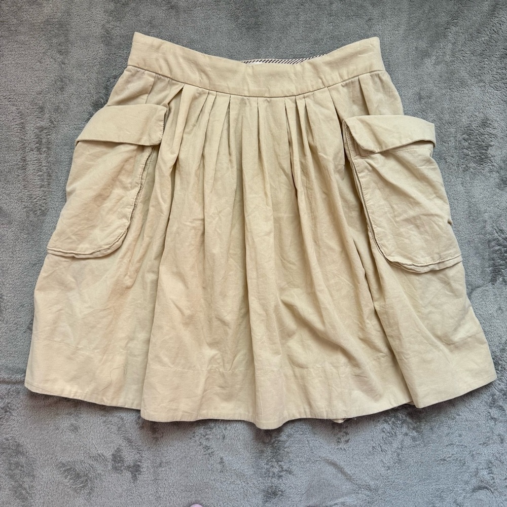 Anthropologie MAEVE Beige A-Line Skirt Corduroy Pleated Pockets - Size 6